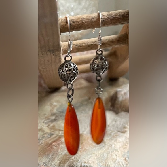 Silver & Carnelian bohemian dangling earrings, vintage - Picture 6 of 8